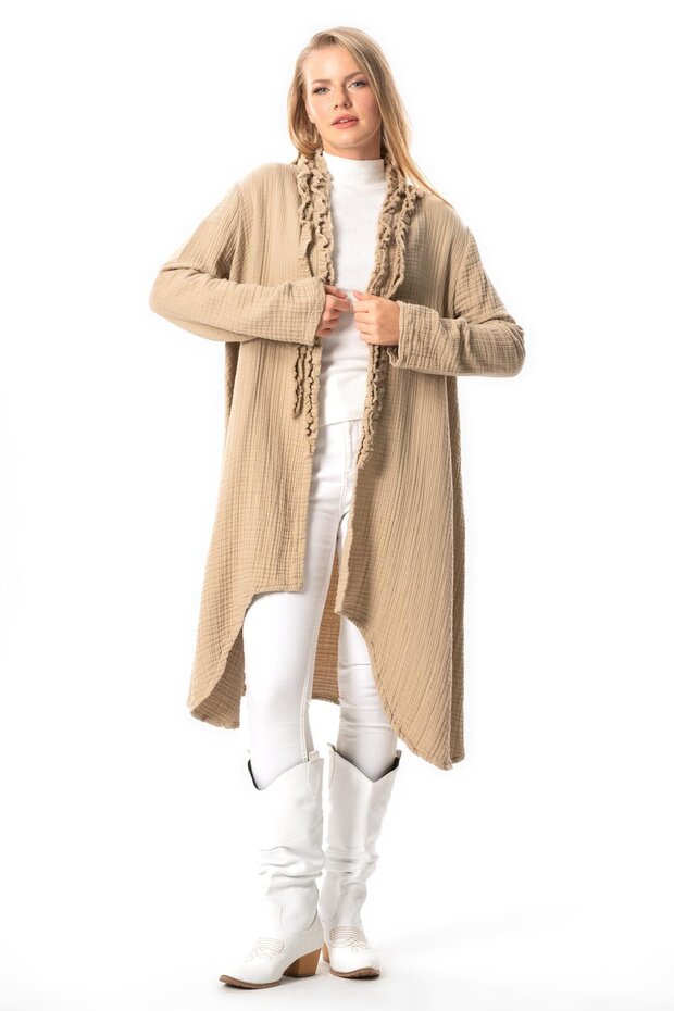 Long Sleeve Gizem Autumn and Winter Asymmetrical Cut Double Muslin Jacket Mink Vzn