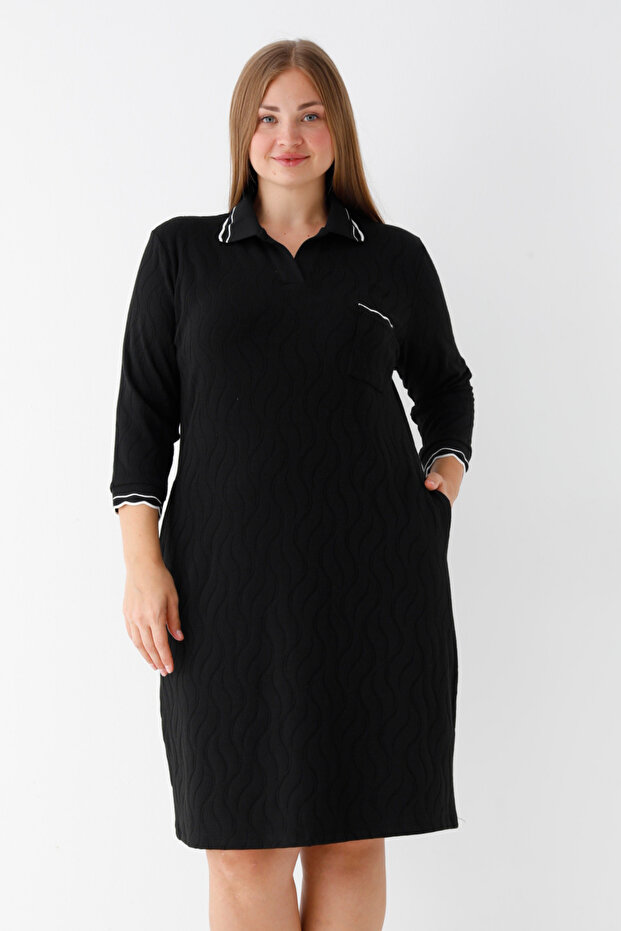 Black Three Quarter Sleeve Patterned Polo Collar Piping Detailed Women's Jacquard Large Size Dress