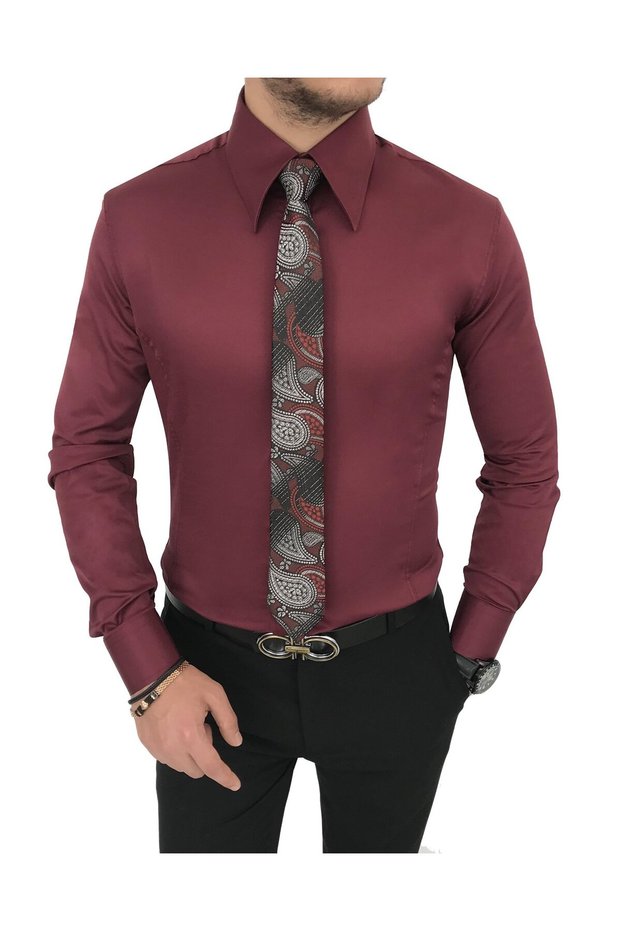 Italian Style Slim Fit Pointed Collar Satin Men's Shirt Burgundy T7212
