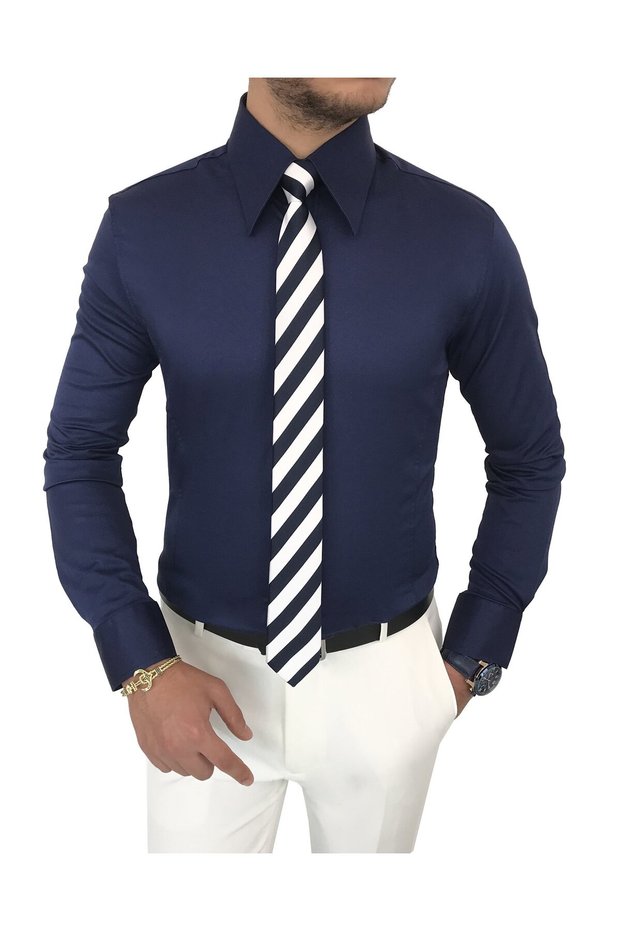 Italian Style Slim Fit Pointed Collar Satin Men's Shirt Cobalt T7208