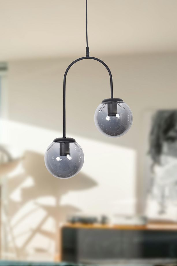 Janin Modern Salon - Mutfak - Yatak Odası Sarkıt Siyah Gövde Füme Cam 2 Li Avize - 1