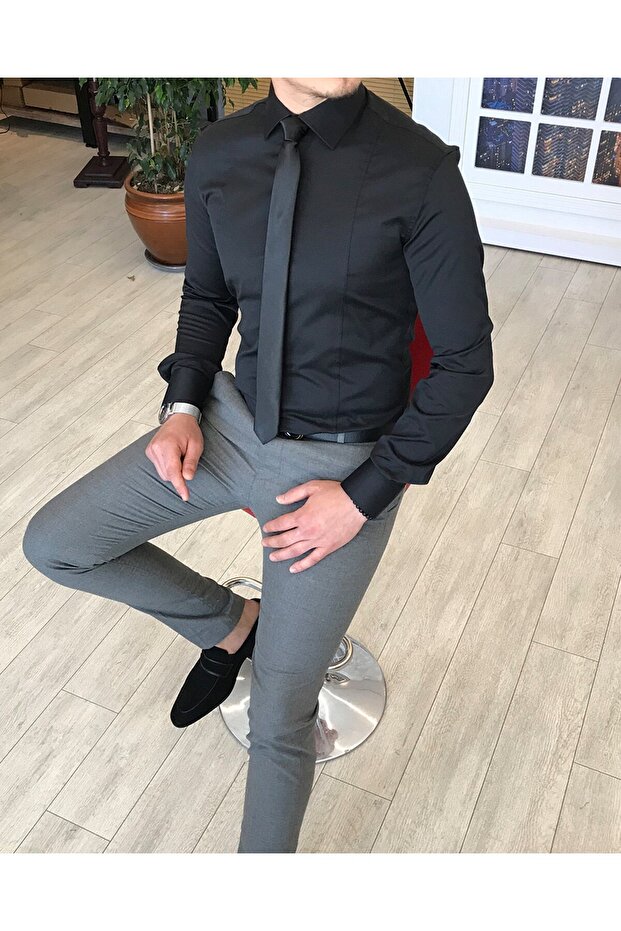 Italian Style Slim Fit Satin Tie Collar Shirt Black T4767