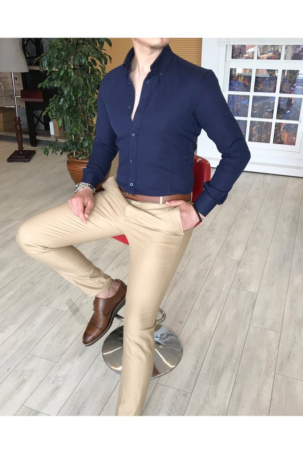 Italian Style Slim Fit Mock Neck Satin Men's Shirt Dark Navy Blue T4740