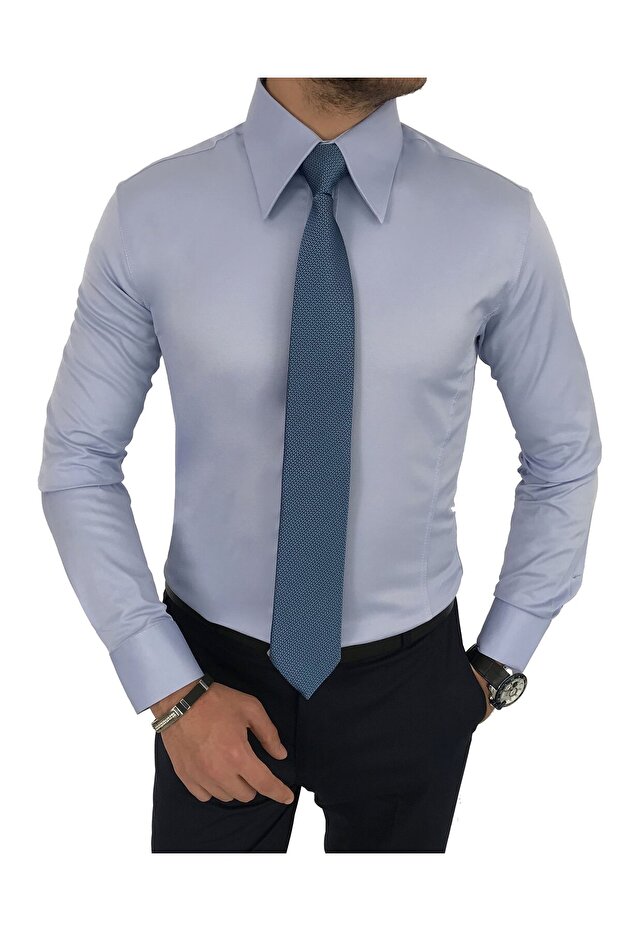 Italian Style Slim Fit Pointed Collar Satin Men's Shirt Blue T7215