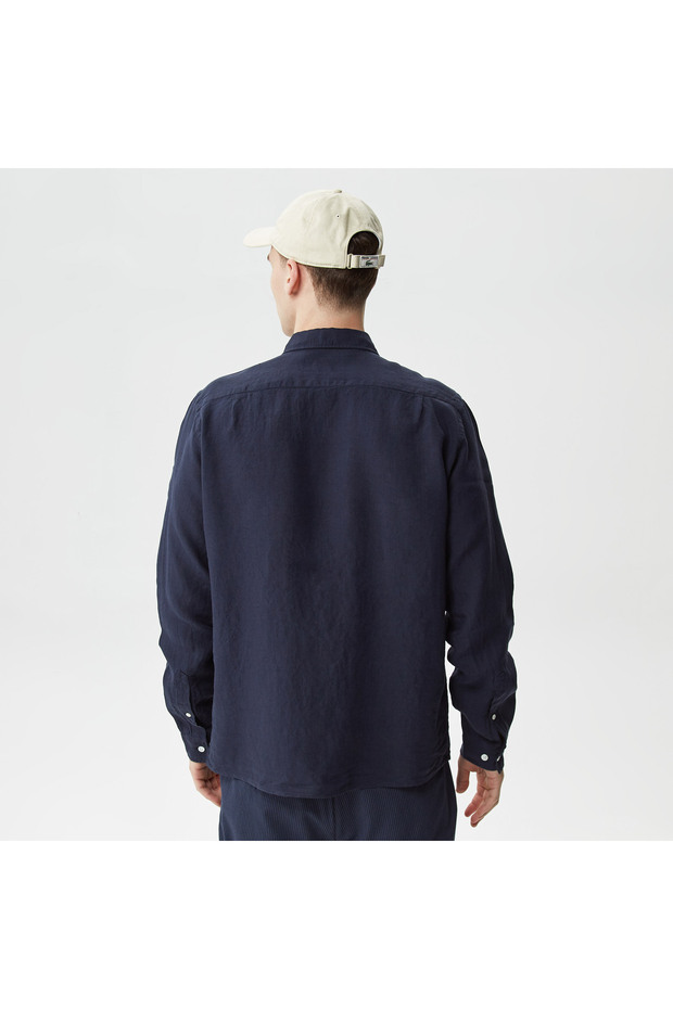 Erkek Regular Fit Düğmeli Yaka Keten Lacivert Gömlek - 2