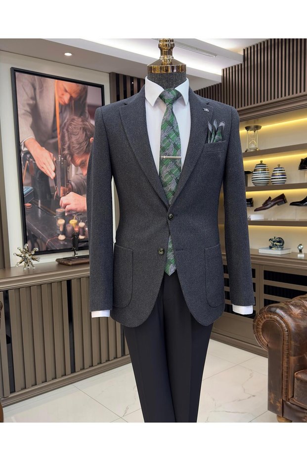 Italian style slim fit mono collar stamped men's jacket green T10923
