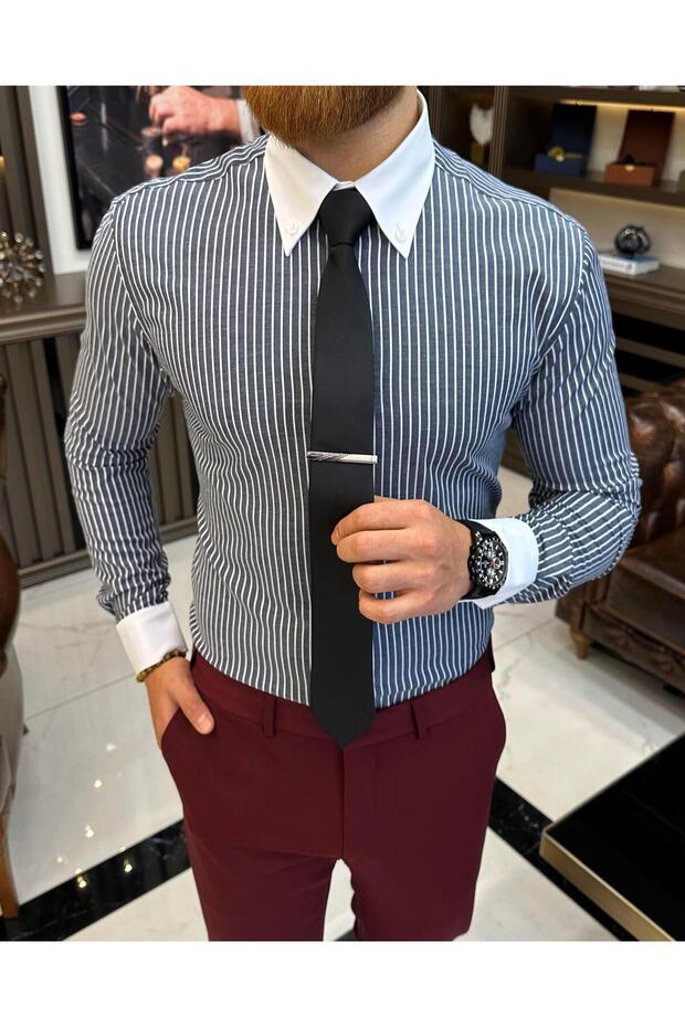 Italian style striped button collar lycra men's shirt navy blue T11141
