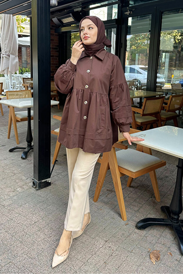 Garnished Lined Short Trench Coat - Brown