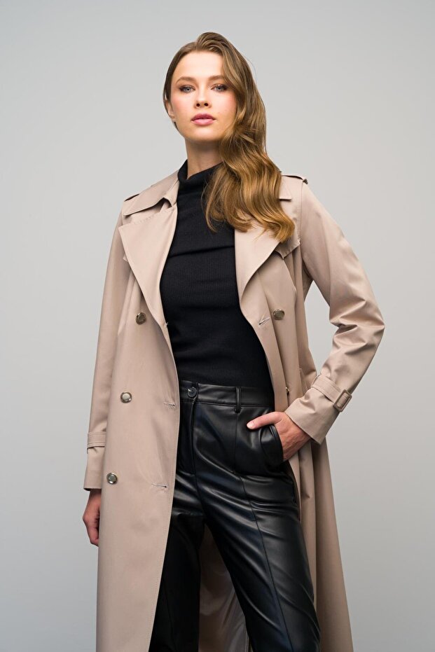 Zweireihiger, mittellanger Trenchcoat – Epaulet- und Cape-Detail, STONE 6617 - 7