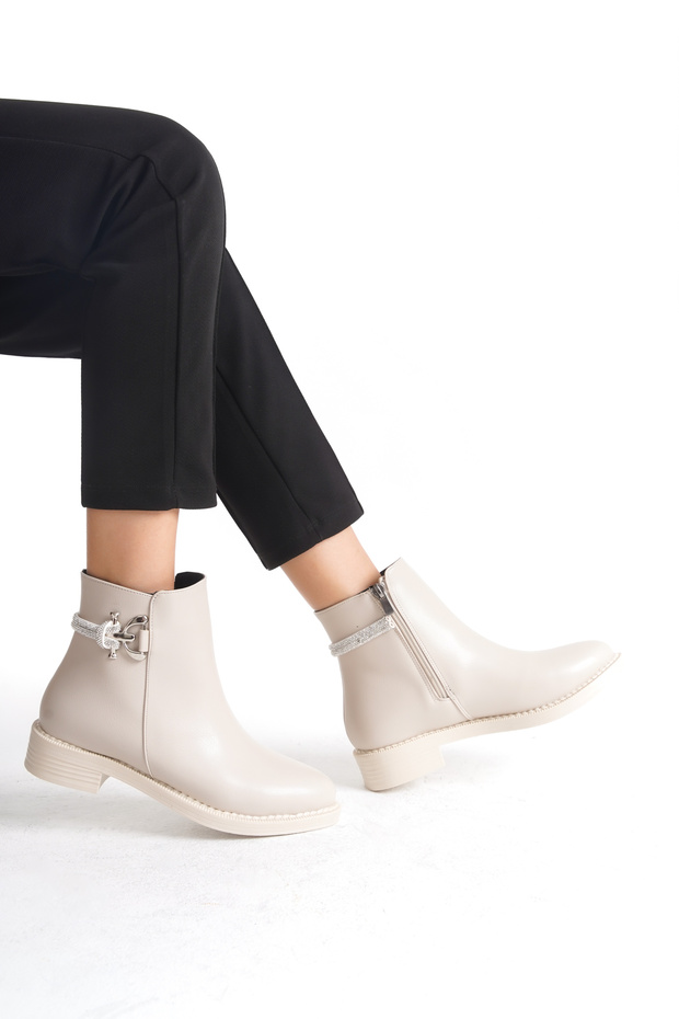 Low Heel Zippered Women's Beige Booties with Ribbon and Buckle Detail
