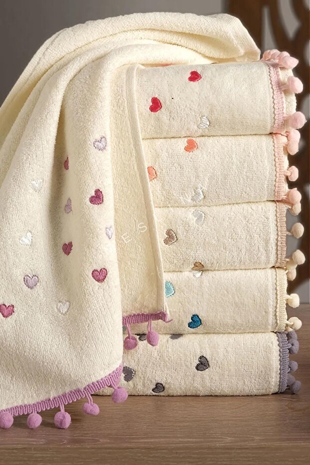 30X50Cm 6 Piece Kitchen Towels with Pompoms and Fringes Embroidery | Drying Cloth | Hand Towel