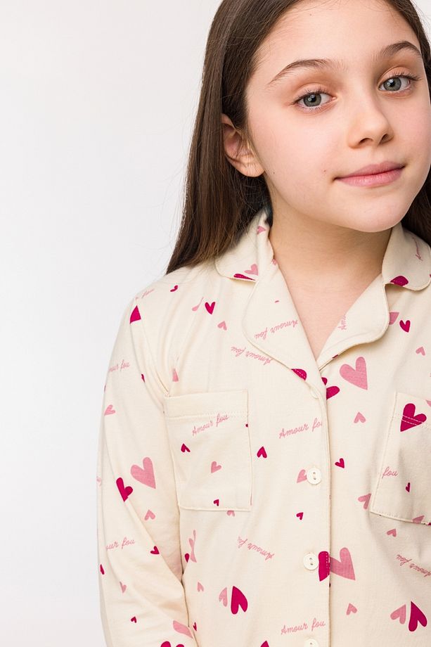 10-16 Yaş Kız Çocuk Pijama-Ypd - 912-Kalp Baskılı Ekru - 5