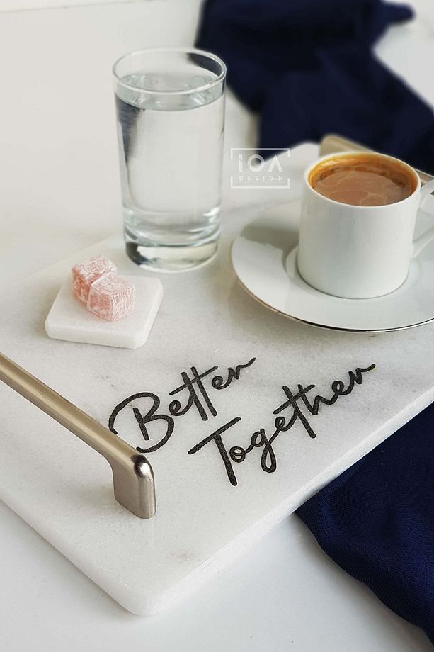 Better Together - Gerçek Ince Mermer Söz/nişan Tepsisi 2 Adet Çıkarılabilir Yüzüklük - Gümüş Kulp - 8