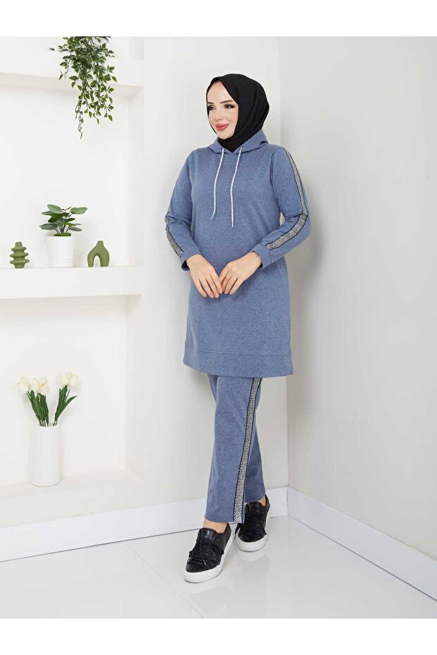 Women's Hooded Sleeve Striped Tracksuit Set