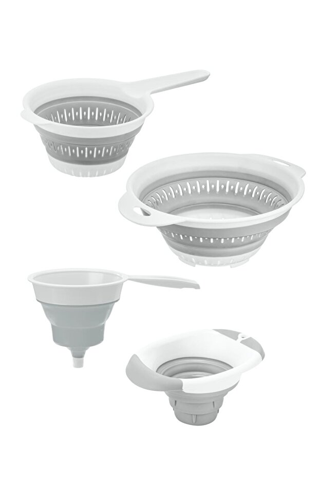 4-Piece Accordion Folding Strainer Set - Kitchen Dowry Set (accordion-handled brass strainer funnel gray)
