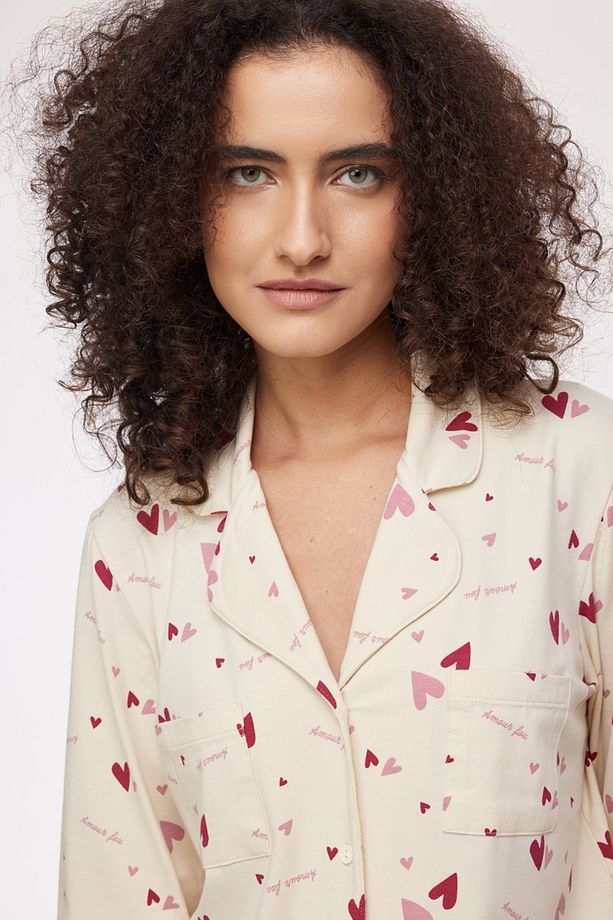 Kadın Pijama-Ypd - 912-Kalp Baskılı Ekru - 4