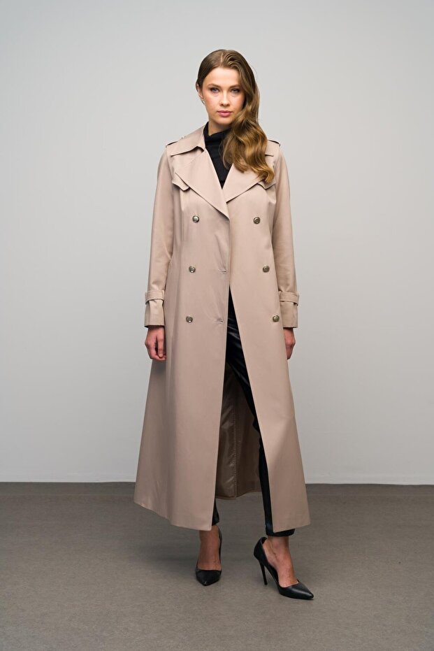 Zweireihiger, mittellanger Trenchcoat – Epaulet- und Cape-Detail, STONE 6617 - 1