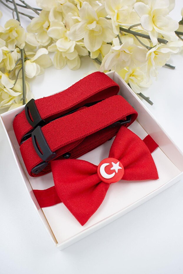 Dark Red Boy's Bow Tie and Suspender Set with Turkish Flag Figure - Boxed - Please Read the Details