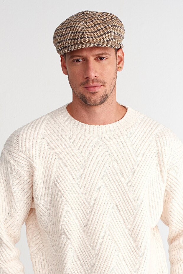 Men's Houndstooth Patterned Wool 8 Piece Cap Hat - 2