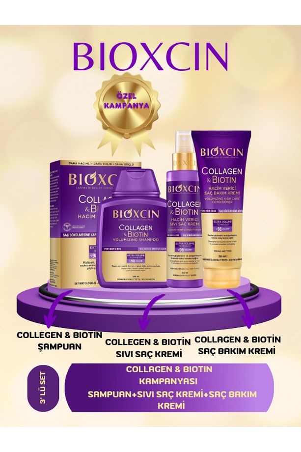 Collagen & Biotin Hacim Şampuanı 300 Ml + Saç Kremi 250 Ml + Sıvı Saç Kremi 150 Ml 3'lü Set - 1