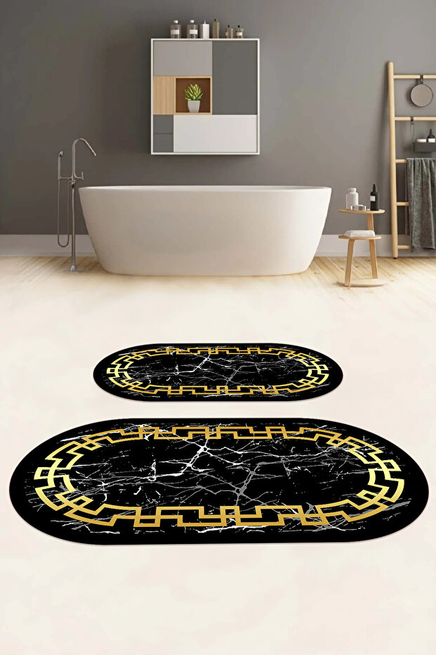 Digital Washable Framed Marble Model Oval Bath Mat Toilet Set