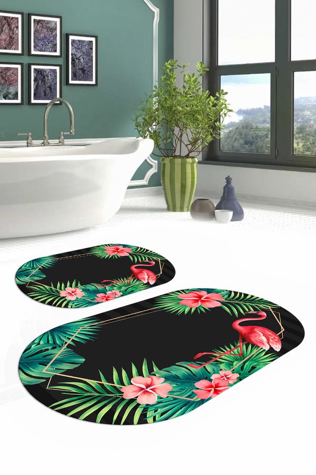 Digital Washable Colorful Flamingo Patterned Oval Bath Mat Toilet Set