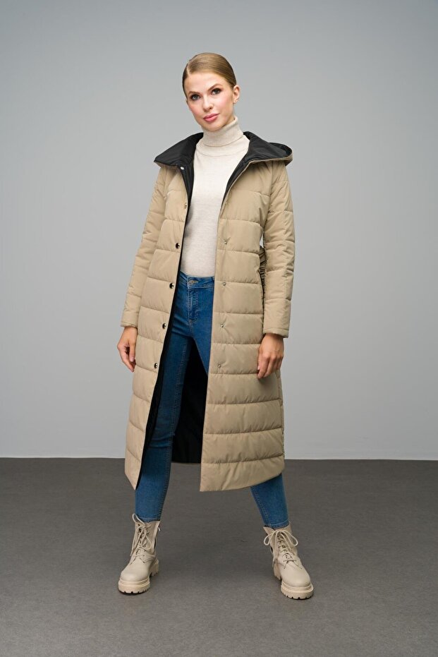 Hooded Garni Detailed Long Quilted Coat Beige 6662