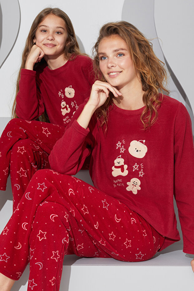 Burgundy Embroidered Bottom-Top Fleece Pajama Set 24223065