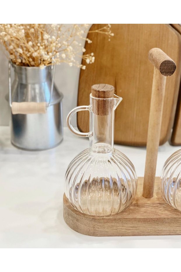 Set of 2 Acacia Stands 300 ml Round Striped Oil Bowl
