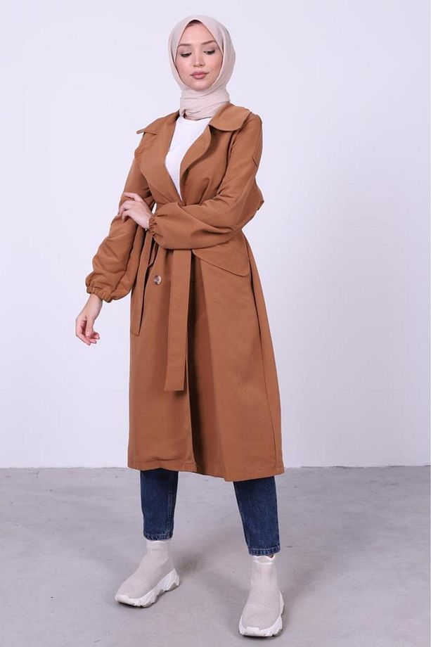 Oversize Bağlamalı Tesettür Trenç Camel - 7