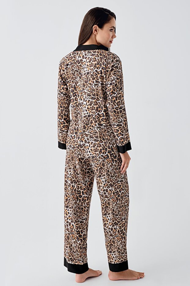 Long Sleeve Buttoned Leopard Patterned Woven Pajamas Set - 5