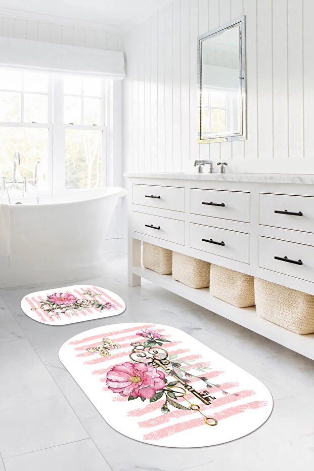Digital Printed Washable Non-Slip Base Rose Motif Oval Bath Mat Toilet Set