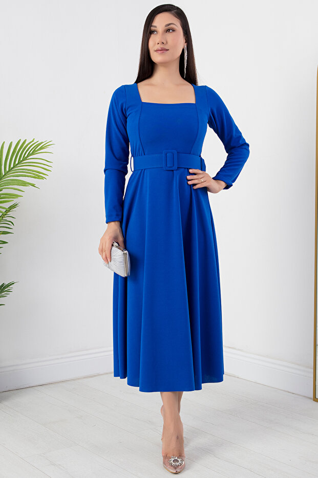 Kare Yaka Kemerli Elbise 2024-2160 - 1