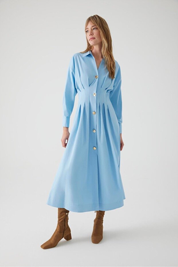Waist-Fitting Button-Detail Cotton Midi Shirt Dress