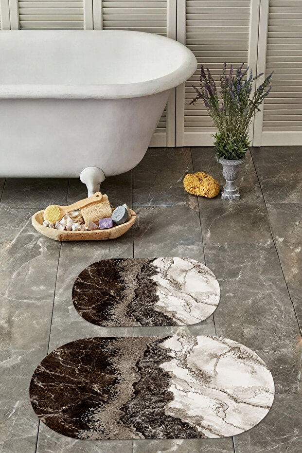 Digital Washable Non-Slip Base Marble Model Oval Bath Mat Toilet Set