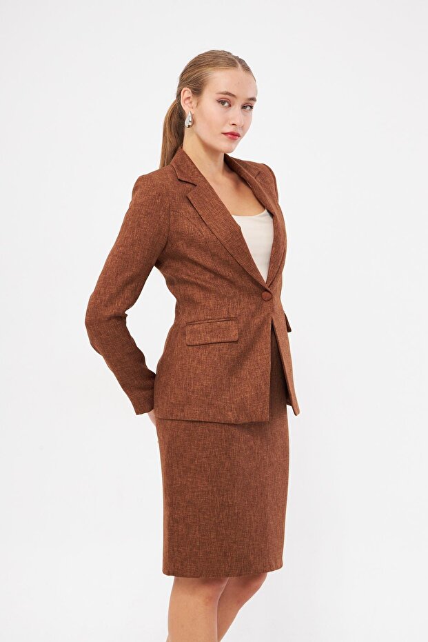 Tek Düğme Yün Efekt Etekli Takım Kahve - 3