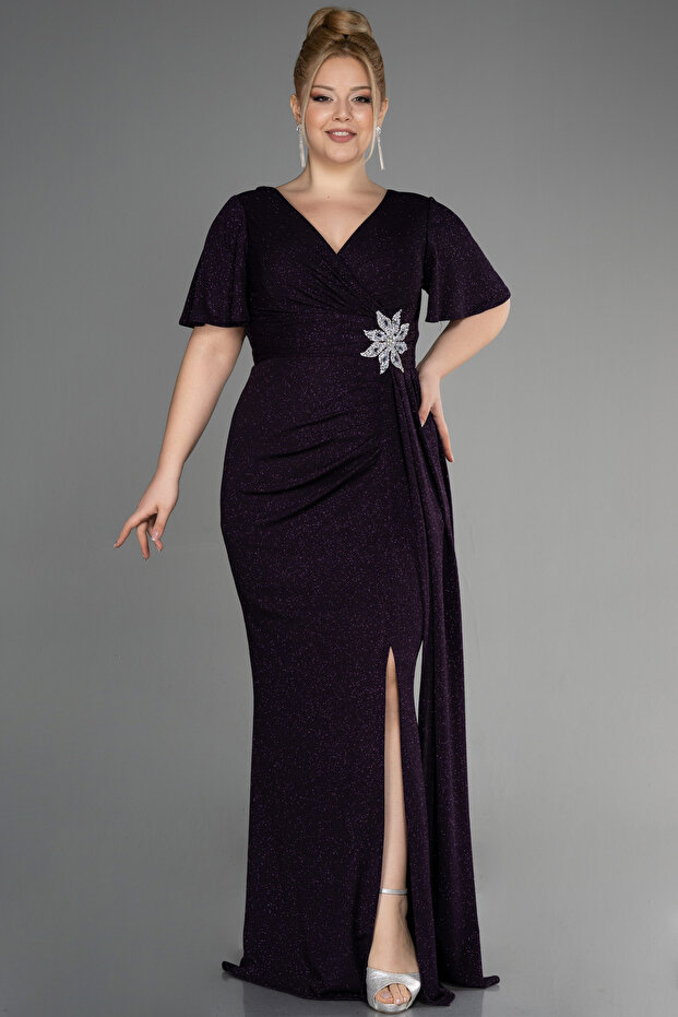 Purple Short Sleeve Slit Long Glitter Plus Size Evening Dress ABU39790