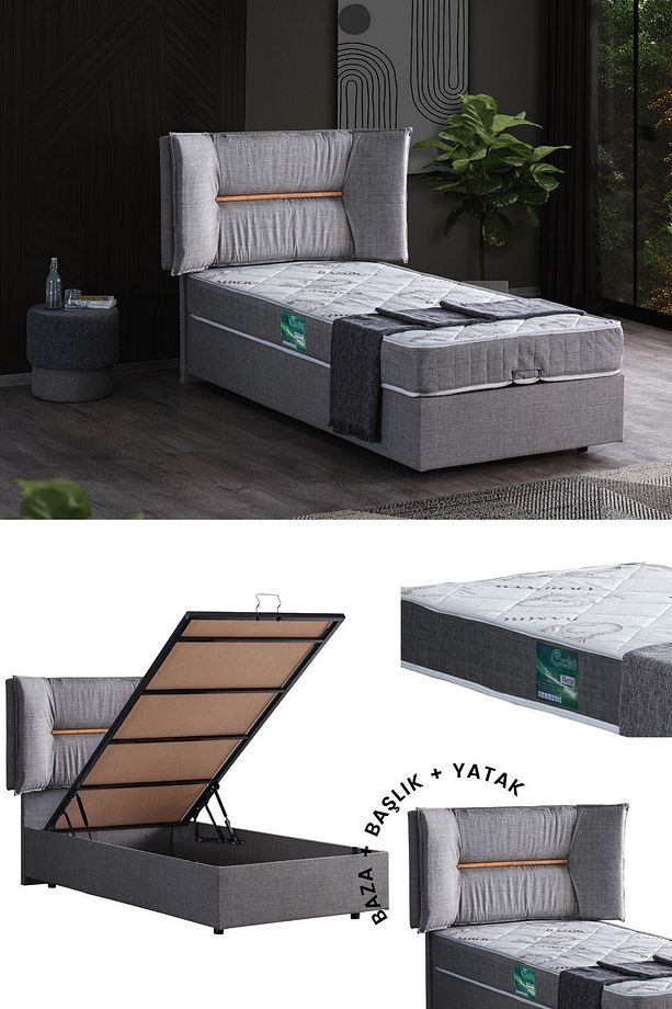Lizbon Tek Kişilik Baza Başlık Comfort Yatak Seti, Gri - 1