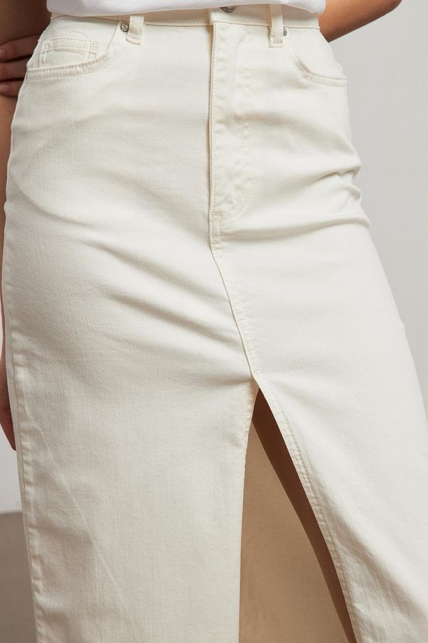 Yüksek Bel Ekru Yırtmaçlı Uzun Denim Midi Etek - 7