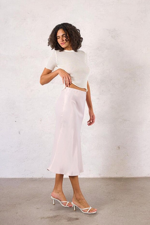 Women's Light Beige Plain High Waist Midi Length Satin Skirt