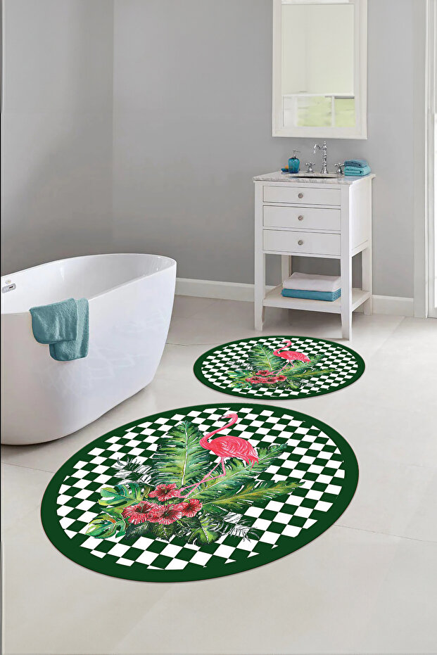 Digital Washable Non-Slip Base Flamingo Patterned Round Bath Mat Toilet Set