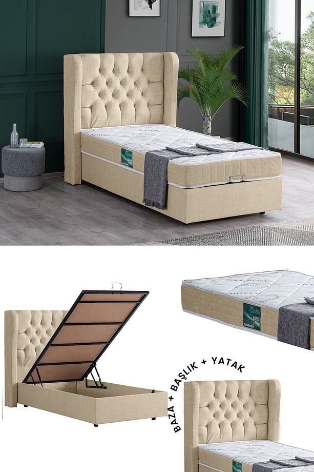 Riga Tek Kişilik Baza Başlık Comfort Yatak Seti, Krem - 1