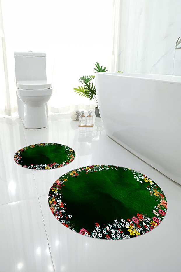 Digital Washable Colorful Floral Pattern Round Bath Mat Toilet Set