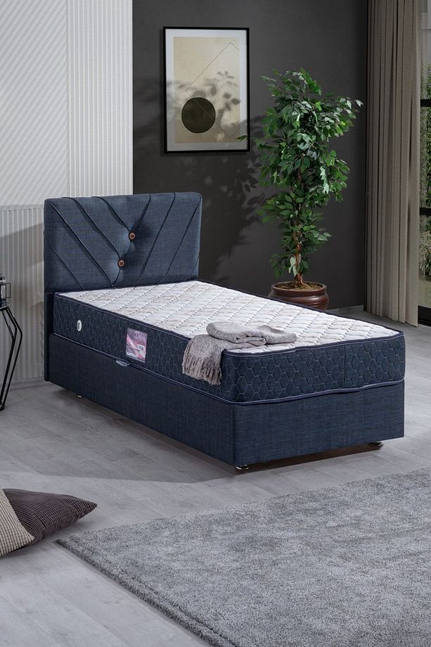 Lux Class Tek Kişilik Yandan Açılır Baza Başlık Deluxe Yatak Seti, Lacivert - 1