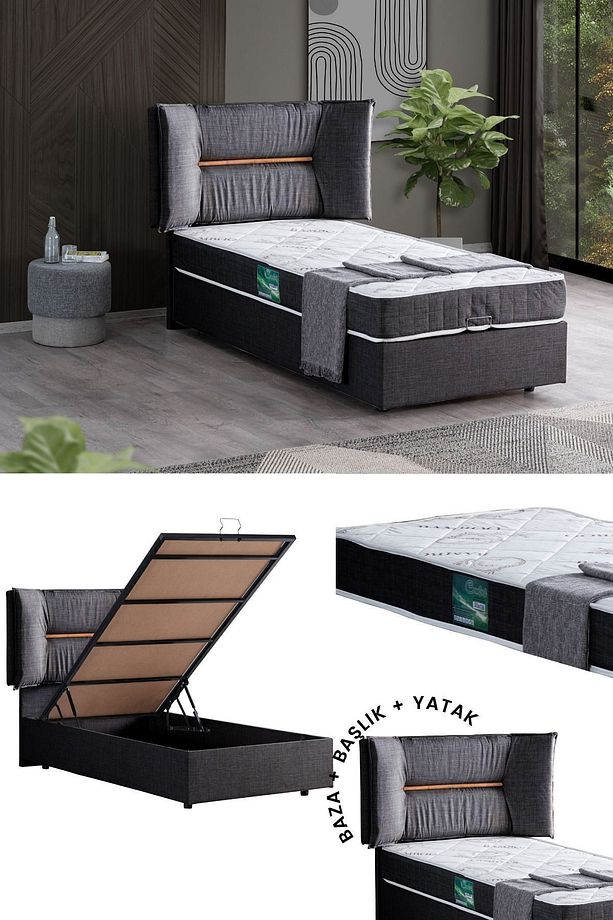 Lizbon Tek Kişilik Baza Başlık Comfort Yatak Seti, Antrasit - 1