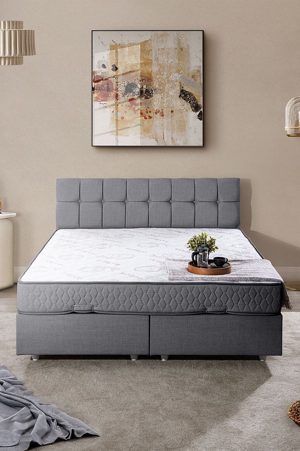 Berlin Çift Kişilik Baza Başlık Letto Yatak Seti - Gri - 3