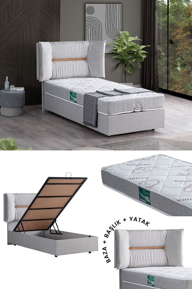 Lizbon Tek Kişilik Baza Başlık Comfort Yatak Seti, Açık Gri - 1