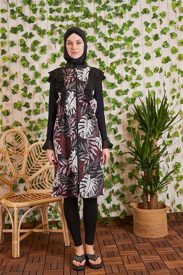 MOODBASİC SWİMWEAR ŞİFONLU FERMUARLI TESETTÜR MAYO - 1