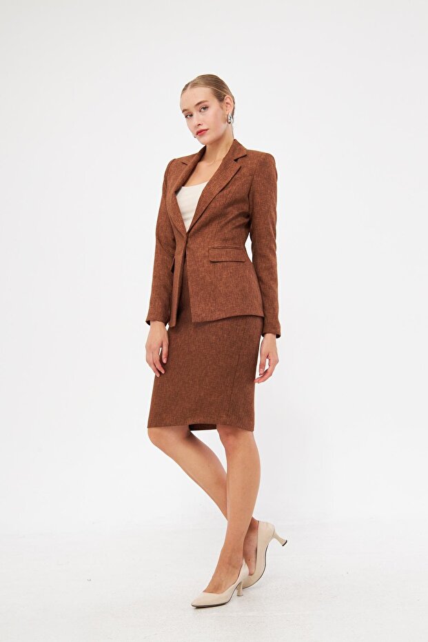 Tek Düğme Yün Efekt Etekli Takım Kahve - 5