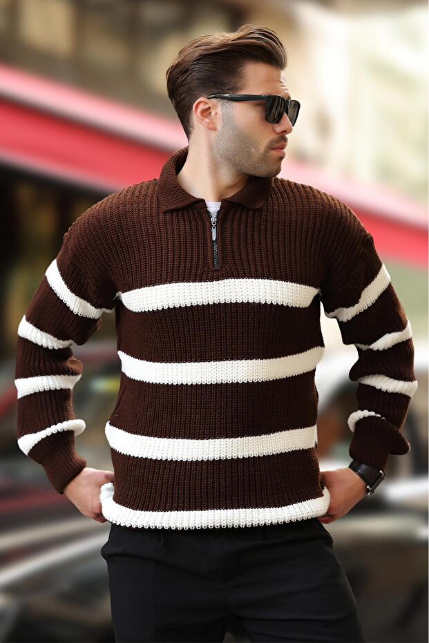 Brown Zippered Polo Collar Striped Long Sleeve Sweater 7283